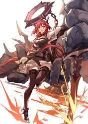  absurdres arknights armband armpits bare_shoulders black_dress breasts chest_strap choker cleavage demon_girl demon_horns dress elite_ii_(arknights) female hair_between_eyes highres horns long_hair looking_at_viewer medium_breasts off_shoulder parted_lips purple_eyes red_hair solo standing standing_on_one_leg surtr&#039;s_golem_(arknights) surtr_(arknights) sword thighhighs thighs very_long_hair weapon wu_lun_wujin 