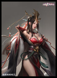  a_han_ji absurdres bare_legs bare_shoulders breasts brown_hair character_request cleavage collaboration detached_collar female fur_trim grey_background hair_ornament higawari_naishitsu highres knife large_breasts licking licking_blade licking_weapon long_hair long_sleeves sash solo weapon yiqian_zhang 