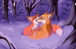  14:9 abby_(rukifox) ambiguous_gender bite canid canine dipstick_ears duo ear_markings female_(lore) feral fox fur green_eyes hi_res male_(lore) mammal multicolored_ears orange_body orange_fur outside playing rick_(rukifox) rukifox snow yellow_eyes 