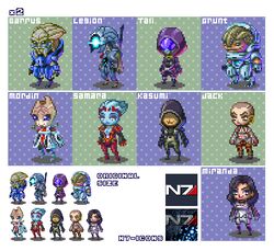  4boys 5girls alien asari_(mass_effect) bald bald_girl blue_eyes blue_skin breasts center_opening chibi cleavage colored_skin garrus_vakarian geth glowing glowing_eye grunt_(mass_effect) hood hood_up jack_(mass_effect) kasumi_goto krogan legion_(mass_effect) looking_ahead lowres mass_effect_(series) mass_effect_2 miranda_lawson mordin_solus multiple_boys multiple_girls multiple_views one-eyed pixel_art quarian robot salarian samara_(mass_effect) shigeru_arsw tali&#039;zorah tentacle_hair turian 