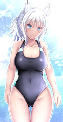  absurdres animal_ear_fluff animal_ears ass_visible_through_thighs black_one-piece_swimsuit blue_archive blue_eyes blue_sky breasts collarbone competition_swimsuit covered_navel cowboy_shot day extra_ears female highres kanna_(minamozuki) large_breasts ocean official_alternate_costume one-piece_swimsuit ponytail shiroko_(blue_archive) shiroko_(swimsuit)_(blue_archive) sky solo standing swimsuit two-tone_swimsuit white_hair wolf_ears 