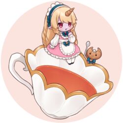  7mb_yut apron blonde_hair blue_bow blue_bowtie bow bowtie brown_background cafe_cuties_(league_of_legends) cafe_cuties_soraka chibi croissant cup dress drill_hair female food frilled_apron frills hairbow horns league_of_legends long_hair long_sleeves lowres maid maid_headdress pantyhose pink_dress red_eyes single_horn solo soraka_(league_of_legends) twin_drills waist_apron white_apron white_background 