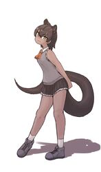  animal_ears arms_behind_back ascot bare_arms bare_legs brown_hair closed_mouth commentary_request dark-skinned_female dark_skin extra_ears female fossa_(kemono_friends) frilled_skirt frilled_sleeves frills full_body gloves hair_between_eyes head_tilt kemono_friends leaning_forward looking_at_viewer medium_hair microskirt orange_ascot pleated_skirt rumenia_(ao2is) shadow shirt shoes skirt sleeveless sleeveless_shirt slit_pupils smile socks solo standing standing_on_one_leg tail tareme white_socks yellow_eyes 