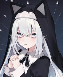  animal_ears blush cropped cross eyes_visible_through_hair face female hair_between_eyes hands_together long_hair muryotaro neck_scar nun original parted_lips praying scar sleeves_past_wrists solo stitches upper_body white_eyes white_hair 