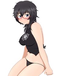  bikini black_bikini black_eyes black_hair black_shirt closed_mouth commentary_request covered_nipples cowboy_shot female girls_und_panzer glasses halterneck invisible_chair jimiko light_frown looking_at_viewer medium_hair messy_hair navel octagram oryou_(girls_und_panzer) print_shirt red-framed_eyewear sakamoto_clan_(emblem) semi-rimless_eyewear shirt simple_background sitting solo string_bikini swimsuit tanaka_rikimaru under-rim_eyewear white_background 