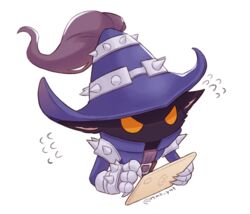  1boy 7mb_yut angry black_skin blue_headwear blue_jacket colored_skin cropped_torso flying_sweatdrops gauntlets grey_background hat holding jacket league_of_legends male_focus orange_eyes serious simple_background spikes twitter_username veigar witch_hat yordle 