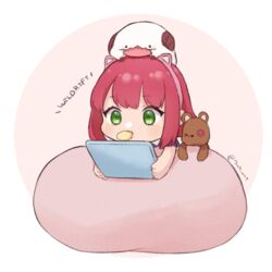  7mb_yut :p animal_ears annie_(league_of_legends) brown_background cat_ears fake_animal_ears female food food_in_mouth green_eyes grey_background hairband holding horns league_of_legends medium_hair mouth_hold pillow pink_hairband poro_(league_of_legends) red_hair short_sleeves stuffed_animal stuffed_toy teddy_bear tibbers tongue tongue_out 