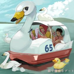  2boys bird black_hair blonde_hair commentary donquixote_rocinante duck duckling feeding grin hat highres lake male_focus mixed-language_commentary multiple_boys one_piece outdoors santagawa smile spanish_commentary swan swan_boat trafalgar_law 