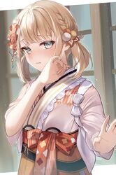  absurdres blonde_hair blue_eyes blush commentary_request female hair_ornament hakama hand_up highres hololive japanese_clothes kabi_akaru kazama_iroha kazama_iroha_(new_year) kimono looking_at_viewer obi official_alternate_costume orange_hakama parted_lips pink_kimono pom_pom_(clothes) pom_pom_hair_ornament sash short_hair solo twintails upper_body virtual_youtuber 