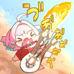  ahoge airborne bad_id bad_pixiv_id barefoot blue_hair blue_sky blush breasts chibi closed_eyes cloud collar commentary_request female fire full_body guitar holding idolmaster idolmaster_cinderella_girls instrument large_breasts mad_max mad_max:_fury_road multicolored_hair no_pants oerba_yun_fang open_mouth outstretched_arm oversized_clothes oversized_shirt pink_hair red_shirt shirt short_hair sky solo t-shirt takato_kurosuke the_doof_warrior two-tone_hair v-shaped_eyebrows yumemi_riamu 