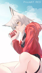  :p absurdres animal_ears arknights bare_legs black_knight black_one-piece_swimsuit blue_sky blush breasts can character_name closed_mouth competition_swimsuit day grey_hair highres holding holding_can jacket long_hair long_sleeves looking_at_viewer medium_breasts official_alternate_costume one-piece_swimsuit open_clothes open_jacket outdoors projekt_red_(arknights) projekt_red_(light_breeze)_(arknights) red_jacket sitting sky smile swimsuit swimsuit_under_clothes tail thigh_strap tongue tongue_out wolf_ears wolf_girl wolf_tail yellow_eyes 