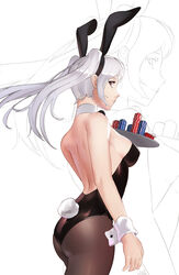  animal_ears ass back backless_leotard bare_back black_leotard breasts brown_eyes choker commentary fake_animal_ears female fire_emblem fire_emblem_awakening highres leotard looking_at_viewer looking_back medium_breasts pantyhose playboy_bunny poker_chip rabbit_ears rabbit_tail robin_(female)_(fire_emblem) robin_(fire_emblem) solo spiffydc strapless strapless_leotard tail twintails white_hair 