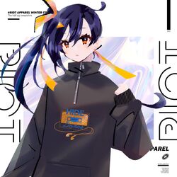  black_hair black_sweater commentary_request english_text female hair_ribbon long_hair long_sleeves looking_at_viewer marina_(mrn9) nagase_yuka orange_eyes orange_ribbon parted_lips ponytail ribbon riot_music solo streetwear sweater upper_body virtual_youtuber white_background zipper zipper_pull_tab 