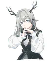  absurdres alina_(arknights) animal_ears antlers arknights black_dress black_sash chinese_commentary commentary_request cropped_torso deer_antlers deer_ears deer_girl dress female grey_eyes grey_hair hair_intakes hair_ornament hairclip hand_to_own_mouth highres horns long_hair looking_at_viewer own_hands_together sash shirt simple_background smile solo upper_body white_background white_shirt yumuto_(spring1786) 