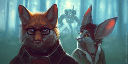  2:1 accessory alyx_vance anthro big_ears black_hair blue_eyes canid canine caracal caracal_(genus) clothed clothing duo eyewear felid feline female fennec_fox fox fur glasses gordon_freeman hair half-life headband hev_suit hi_res hunter_(half_life) hybrid kenjifox_(character) machine male mammal mylafox mylafox_(character) open_mouth outside robot signature teeth text true_fox url valve whiskers white_body white_fur yellow_eyes 