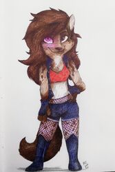  2:3 absurd_res anthro boots bottomwear brown_hair clothing female fishnet_clothing footwear gloves hair handwear helena_(bonk6) hi_res hyena jacket mammal redink_art shorts smile solo topwear traditional_media_(artwork) 