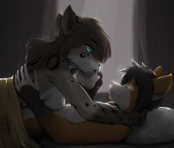  among_us anthro blue_eyes breasts cuddling duo featureless_breasts felid female fur hi_res innersloth kathrin_vaughan male male/female mammal markings orange_body orange_fur spots spotted_body spotted_fur twokinds yellow_eyes yorick_(yorick4469) yttrium_(artist) 