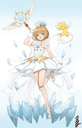  absurdres antenna_hair bare_legs brown_hair cardcaptor_sakura commentary_request crown crystal dress female full_body gloves gradient_background green_eyes highres jumping kero_(cardcaptor_sakura) kinomoto_sakura korean_commentary photoshop_(medium) short_hair signature sleeveless sleeveless_dress staff star_(symbol) starcat white_dress white_footwear white_gloves winged_wand yume_no_tsue 