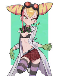  absurdres belt bikini bikini_top_only black_bikini blonde_hair breasts cable closed_mouth coat cone_hair_bun double_bun female gloves goggles goggles_on_head green_eyes green_gloves hair_bun highres lab_coat looking_at_viewer lucia_fex mask mask_around_neck multicolored_hair open_clothes open_coat pink_hair pleated_skirt promare red_skirt saaal653 shoes simple_background skirt small_breasts solo striped_clothes striped_thighhighs swimsuit thighhighs 