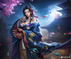  a_han_ji absurdres architecture bare_shoulders black_hair blurry blurry_background building character_request collaboration east_asian_architecture female flower hair_flower hair_ornament hand_fan higawari_naishitsu highres japanese_clothes kimono long_hair long_sleeves night night_sky sky solo yiqian_zhang 