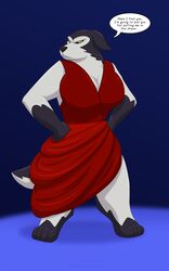  2020 5:8 angry anthro armello barefoot black_body black_fur breasts canid canine canis cleavage clothed clothing dialogue digital_media_(artwork) dress ears_down english_text feet female fur hands_on_hips hi_res league_of_geeks looking_at_viewer magna_(armello) mammal multicolored_body multicolored_fur pivoted_ears red_clothing red_dress runningtoaster simple_background solo speech_bubble text two_tone_body two_tone_fur white_body white_fur wolf yellow_eyes 