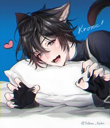  1boy absurdres animal_ears axia_krone bad_id bad_pixiv_id black_gloves black_hair black_nails blue_background blue_eyes cat_boy cat_ears cat_tail character_name claw_pose fangs fingerless_gloves gloves heart highres jullian_sama looking_at_viewer lying male_focus nail_polish nijisanji oerba_yun_fang on_stomach open_mouth pale_skin pillow shirt solo star_(symbol) tail virtual_youtuber 