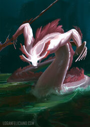  ambiguous_gender amphibian apode axolotl back_mane black_eyes draconcopode droplets elbow_fin fur head_gills hi_res legless logan_feliciano long_fingers looking_at_viewer marine melee_weapon mole_salamander moving_towards_viewer muscular partially_submerged pink_body pink_fur pink_skin polearm salamander serpentine shallow_water signature solo spear water wave weapon 