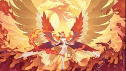  afk_arena breasts cleavage dress feathered_wings feathers female gloves hair_ornament head_wings highres looking_at_viewer red_hair solo talene_(afk_arena) white_dress white_gloves wings yellow_eyes 