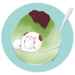  7mb_yut black_eyes chibi eating food green_background grey_background horns league_of_legends lying mochi no_humans on_back oversized_food oversized_object poro_(league_of_legends) red_bean_paste shaved_ice solo spoon twitter_username 