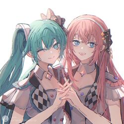  2girls ;) aqua_eyes aqua_hair blue_eyes commentary_request hair_ornament hairband hatsune_miku highres holding_hands linch long_hair megurine_luka more_more_jump!_(project_sekai) more_more_jump!_luka more_more_jump!_miku multiple_girls one_eye_closed pink_hair project_sekai ribbon short_sleeves shoulder_boards smile twintails vocaloid watermark white_background 