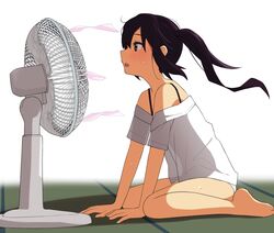  barefoot black_hair blush brown_eyes commentary electric_fan female floating_hair from_side highres k-on! long_hair nakano_azusa open_mouth sitting solo sweat symbol-only_commentary tatami teeth tennosuke_(tejons) twintails upper_teeth_only 