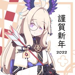  2022 absurdres ahoge alternate_costume alternate_hairstyle arrow_(projectile) black_gloves blonde_hair blue_hair enna_alouette female fur-trimmed_kimono fur_trim glasses gloves hair_between_eyes hair_ornament hamaya head_wings highres holding holding_arrow japanese_clothes kimono kurotategami long_hair multicolored_hair nijisanji nijisanji_en purple_eyes solo virtual_youtuber wings 