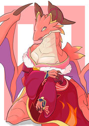  absurd_res asian_clothing blush breasts brunhilda_(dragalia_lost) claws cleavage clothed clothing cygames dragalia_lost dragon east_asian_clothing european_mythology female hi_res horn japanese_clothing kimono konayu_craft looking_at_viewer mythological_creature mythological_scalie mythology nintendo red_body red_scales scales scalie smile solo western_dragon wings 