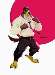  abstract_background absurd_res angry anthro avian beak bird disney ducktales ducktales_(2017) falcon falcon_graves falconid feet fighting_pose glare hi_res male modern_bird muscular muscular_anthro muscular_male necktie pose solo talons teeth thick_neck toes toothed_beak 