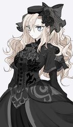  ascot black_capelet black_dress black_flower black_hat black_rose breasts capelet dress fate/grand_order fate_(series) female flower grey_eyes hat highres kriemhild_(fate) kriemhild_(first_ascension)_(fate) large_breasts long_hair long_sleeves looking_at_viewer mole mole_under_eye rose solo veil white_hair yamamon_0 