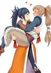  1boy absurdres blue_hair blush carrying carrying_person commission commissioner_upload embarrassed female fire_emblem fire_emblem_fates fire_emblem_heroes full-face_blush gloves highres igni_tion japanese_clothes kimono long_hair looking_at_another md5_mismatch oboro_(fire_emblem) orange_kimono ponytail princess_carry red_eyes role_reversal smile takumi_(fire_emblem) very_long_hair 