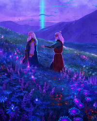  2boys aged_up avatar_legends balding beard bioluminescence burn_scar commentary devin_elle_kurtz english_commentary facial_hair field flower glowing grey_hair hair_bun highres iroh long_beard long_hair mountainous_horizon multiple_boys outdoors outstretched_arm photoshop_(medium) purple_sky scar single_hair_bun sky standing the_legend_of_korra uncle_and_nephew zuko 