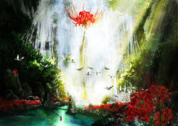  1boy absurdres bird boat commentary dappled_sunlight fantasy flock flower flying fog forest goose highres light light_rays mountain nature original outdoors oversized_flower pajaman red_flower river rock scenery shadow solo spider_lily sunlight tree water watercraft waterfall 