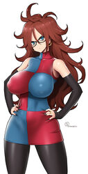  android_21 bare_shoulders black-framed_eyewear black_nails black_pantyhose blue_eyes breasts brown_hair checkered_clothes checkered_dress closed_mouth collarbone commentary_request covered_nipples curly_hair detached_sleeves dragon_ball dragon_ball_fighterz dress earrings female glasses hands_on_own_hips head_tilt hoop_earrings impossible_clothes impossible_dress jewelry large_breasts long_hair looking_at_viewer nail_polish onomeshin pantyhose photoshop_(medium) red_hair ring solo standing turtleneck turtleneck_dress 