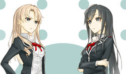  2girls black_hair blonde_hair blue_eyes breasts earrings long_hair miura_yumiko multiple_girls ribbon school_uniform yahari_ore_no_seishun_lovecome_wa_machigatteiru. yukinoshita_yukino 