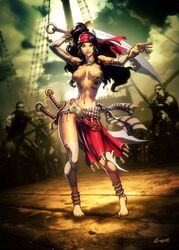  bad_anatomy bandana barefoot black_hair cloud commentary english_commentary female full_body genzoman hip_focus holding holding_sword holding_weapon long_hair midriff mitos_y_leyendas navel photoshop_(medium) pirate sida_al_hurra_(mitos_y_leyendas) signature sky solo standing sword weapon 