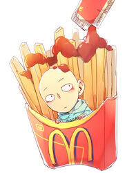  bald chips doudoude_dou food french_fries hood hoodie jumper male_focus mcdonald&#039;s one-punch_man potato saitama_(one-punch_man) solo tomato_sauce 