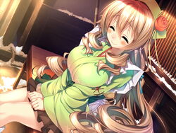  amakano blush breasts brown_hair closed_eyes cup female game_cg hoshikawa_koharu large_breasts long_hair piromizu smile 