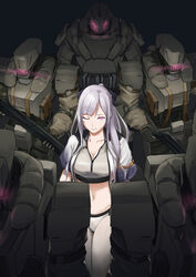  aegis_(kcco)_(girls&#039;_frontline) ak-12_(age_of_slushies)_(girls&#039;_frontline) ak-12_(girls&#039;_frontline) black_bow bow braid breasts cleavage closed_mouth collarbone commentary cyclops_(girls&#039;_frontline) female french_braid girls&#039;_frontline glowing glowing_eye grey_hair gun hairbow highres jacket kcco_(girls&#039;_frontline) long_hair medium_breasts navel official_alternate_costume one_eye_closed open_clothes open_jacket pink_eyes ponytail robot sanderson sports_bikini weapon 