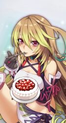  aqua_hair bad_id bad_twitter_id bare_shoulders blonde_hair blush cake commentary_request detached_sleeves eating female food fork gradient_hair highres long_hair milla_maxwell more_(vitalia) multicolored_hair pink_eyes sitting solo sparkle tales_of_(series) tales_of_xillia very_long_hair 