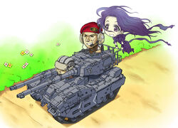  2boys caterpillar_tracks chibi commentary_request day death_(entity) earth_federation ebifly enter_enter_mission! female flower girls_und_panzer grass grey_hair gun gundam gundam_ms_igloo harman_yandell headphones long_hair machine_gun military military_vehicle motor_vehicle multiple_boys purple_eyes purple_hair rayban_surat tank type_61_(gundam) weapon 