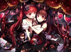  2girls :d bad_id bad_pixiv_id bare_shoulders black_dress blood blood_bag breasts brown_hair character_doll checkered_floor choker cleavage commentary_request curtains detached_sleeves dress hairband homaderi jewelry konoha_(sound_voltex) kureha_(sound_voltex) long_hair medium_breasts multiple_girls necklace oerba_yun_fang open_mouth parted_lips puffy_short_sleeves puffy_sleeves red_eyes red_hair short_sleeves small_breasts smile sound_voltex twintails very_long_hair 