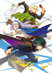  2boys apron armor ashiya_shirou black_hair blonde_hair braid breastplate cape commentary_request emilia_justina female food french_fries gauntlets greaves green_eyes grin hataraku_maou-sama! headset korean_commentary long_hair maou_sadao mask_alice multiple_boys pants pauldrons shamoji shoulder_armor silver_hair smile spring_onion sword weapon yusa_emi 