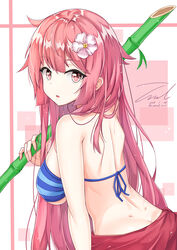  alternate_costume arm_at_side bamboo blush breasts butt_crack commentary dated female flower from_side girls&#039;_frontline hair_flower hair_ornament holding large_breasts leaning_forward long_hair looking_at_viewer looking_back ntw-20_(girls&#039;_frontline) ntw-20_(op._blazing_sun)_(girls&#039;_frontline) official_alternate_costume open_mouth photoshop_(medium) pink_eyes pink_hair sarong shoulder_blades sidelocks signature simple_background solo swimsuit symbol-only_commentary twitter_username underboob unel very_long_hair 