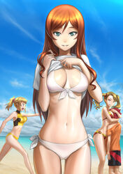  1boy 3girls angry beach between_breasts bikini breast_smother breasts brown_hair cleavage clenched_teeth clothes_lift commentary_request day face_to_breasts front-tie_top green_eyes gundam gundam_build_fighters gundam_build_fighters_try head_between_breasts highres hoshino_fumina hug kamiki_mirai kamiki_sekai kyodairobo large_breasts looking_at_viewer medium_breasts multiple_girls navel ocean outdoors parted_lips ponytail red_hair sazaki_kaoruko seductive_smile shiny_skin shirt_lift shorts side-tie_bikini_bottom sky smile sports_bikini straight swimsuit teeth twintails water white_bikini 